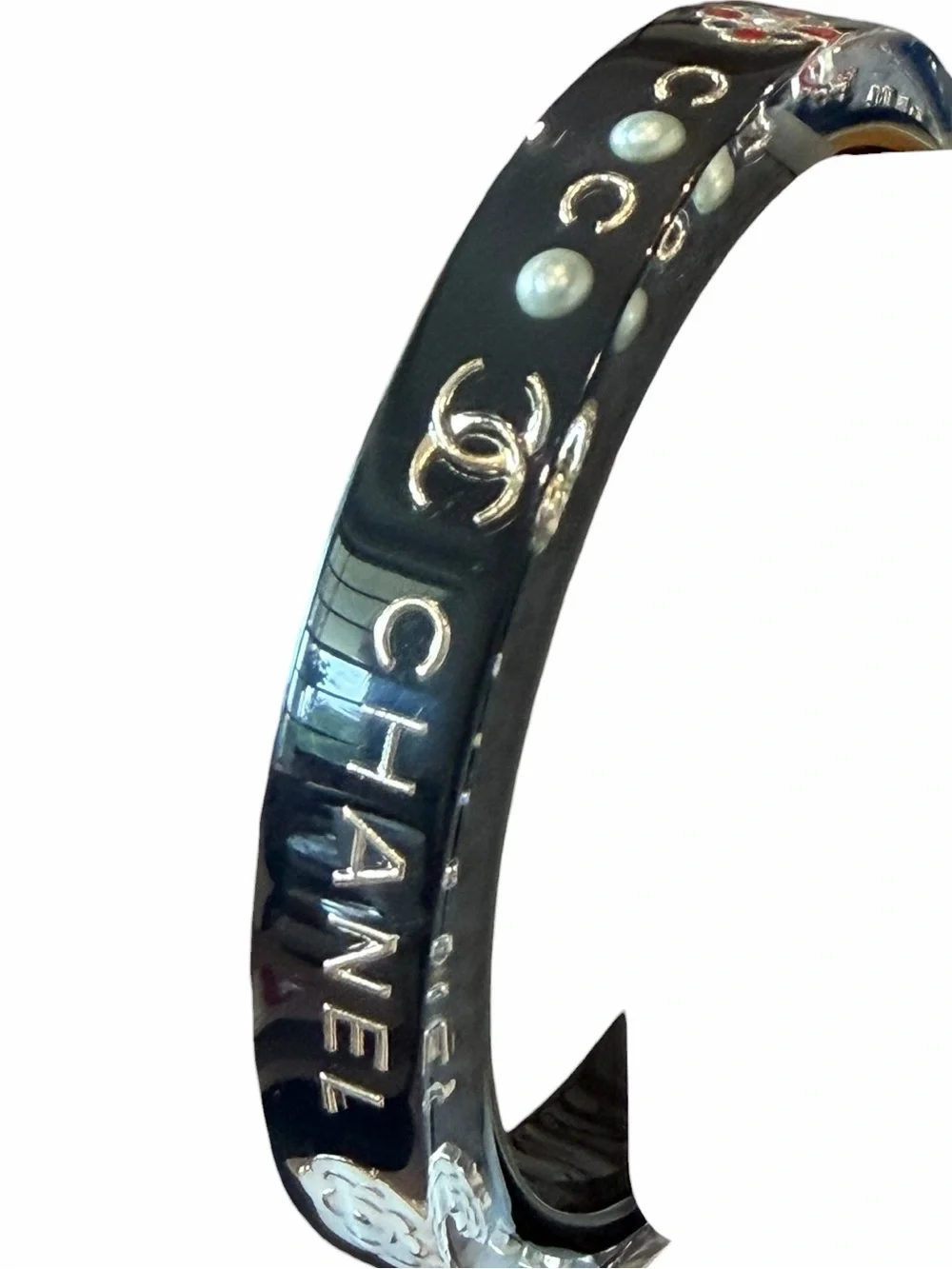 CHANEL Black and Silver Resin Logo Bangle